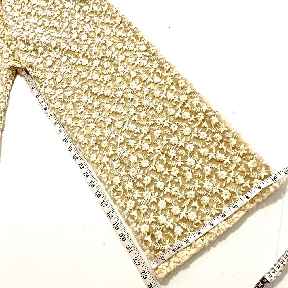 Cream Floral Lace Mesh Sequined Dressy Palazzo Wide Leg Cropped Ankle Pants S-M - Picture 9 of 10